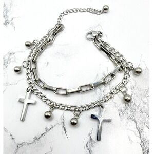 New Stainless Steel Cross Charm Layered Bracelet Silver Multi Strand 6.5–8.5"